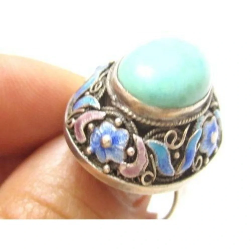 Vintage Chinese Export Enamel Flower 925 St Silver‎ Turquoise Ring*9.25
